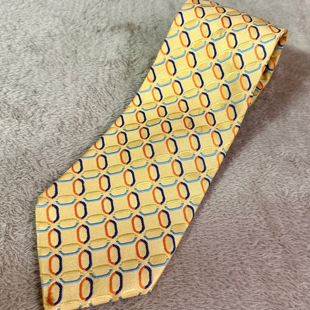 Tommy Hilfiger 100% Silk Tie Yellow Geometric Pattern Bold Mens